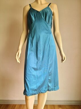 Sears Teal Blue Midi Vintage Slip Dress with Adjustable Straps